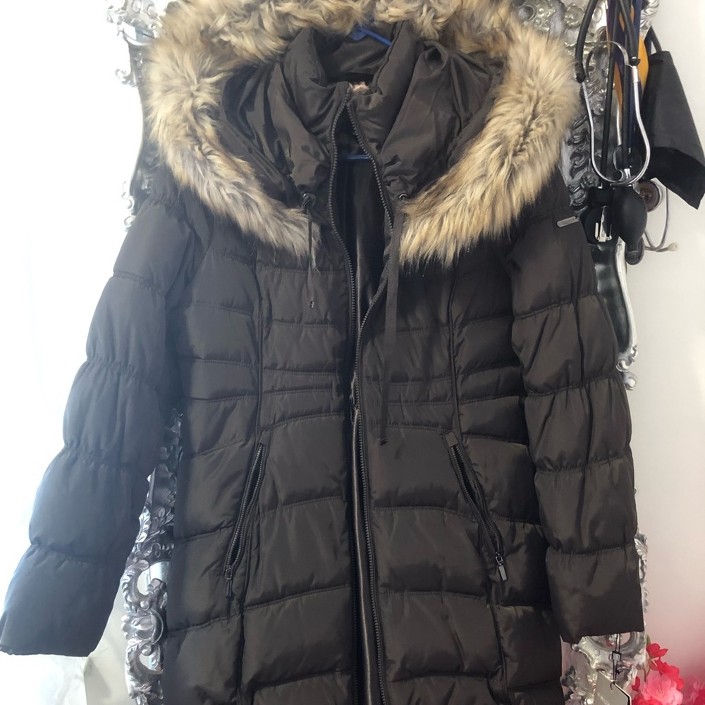 Laundry By Shelli Segal Brown Puffer Coat with Faux Fur Hood
